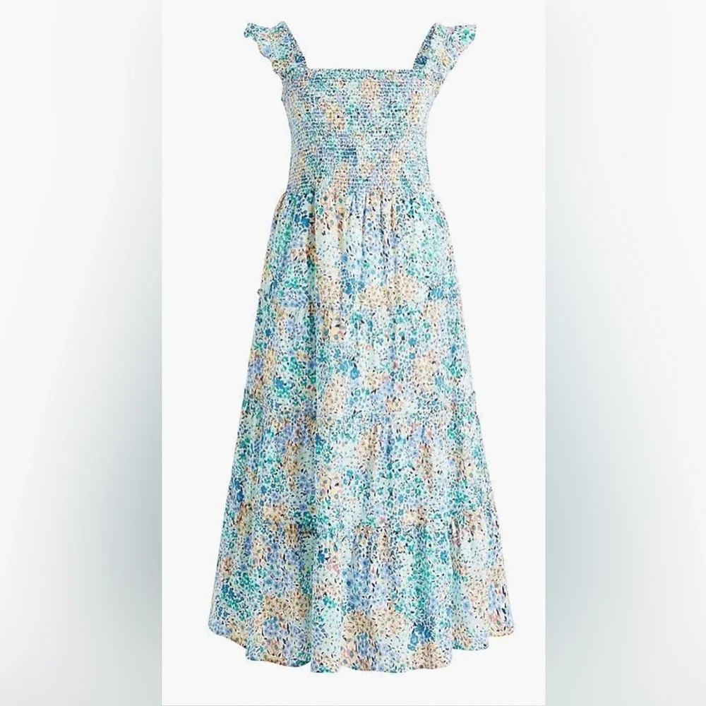 J Crew Floral Smocked Tiered Floral Midi Dress‎